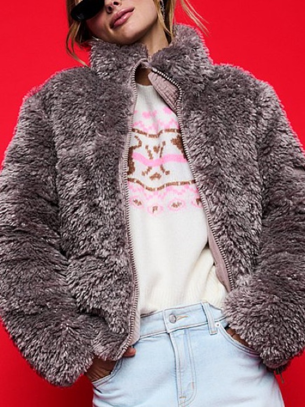 PINK Victoria's Secret Plush Faux Fur Zip Jacket in Gray